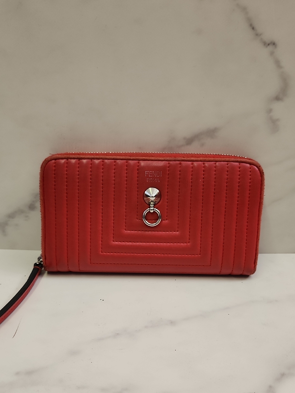 Authentic Red Quilted FENDI napa Lomg Zippy Wallet With Digital COA
